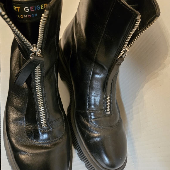 Kurt Geiger Black Leather Ankle Boots Zip-Up Sz.9 Chunky Grunge Bikercore Goth - Picture 2 of 15